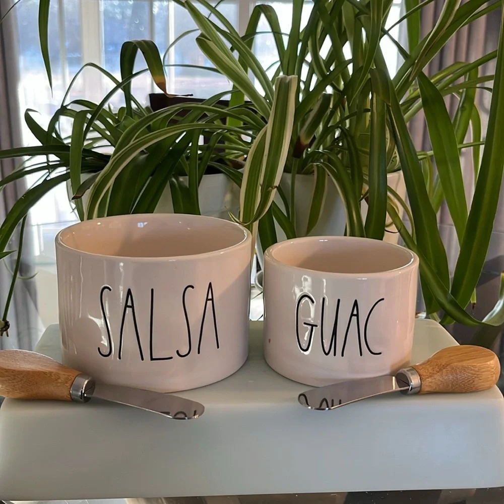 Rae Dunn Salsa and Guacamole 🥑 Stoneware Serving Bowls w/ wood handle spreaders